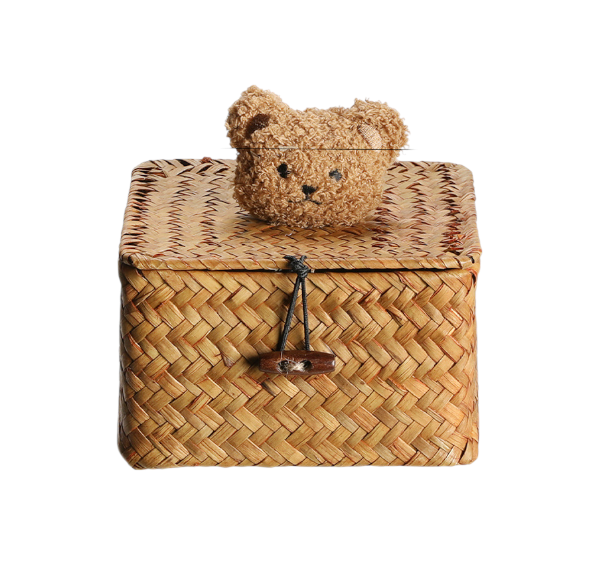 Woven Grass Square Storage Basket with Bear-Shaped Handle