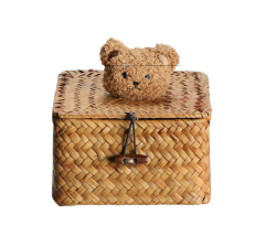 Woven Grass Square Storage Basket with Bear-Shaped Handle