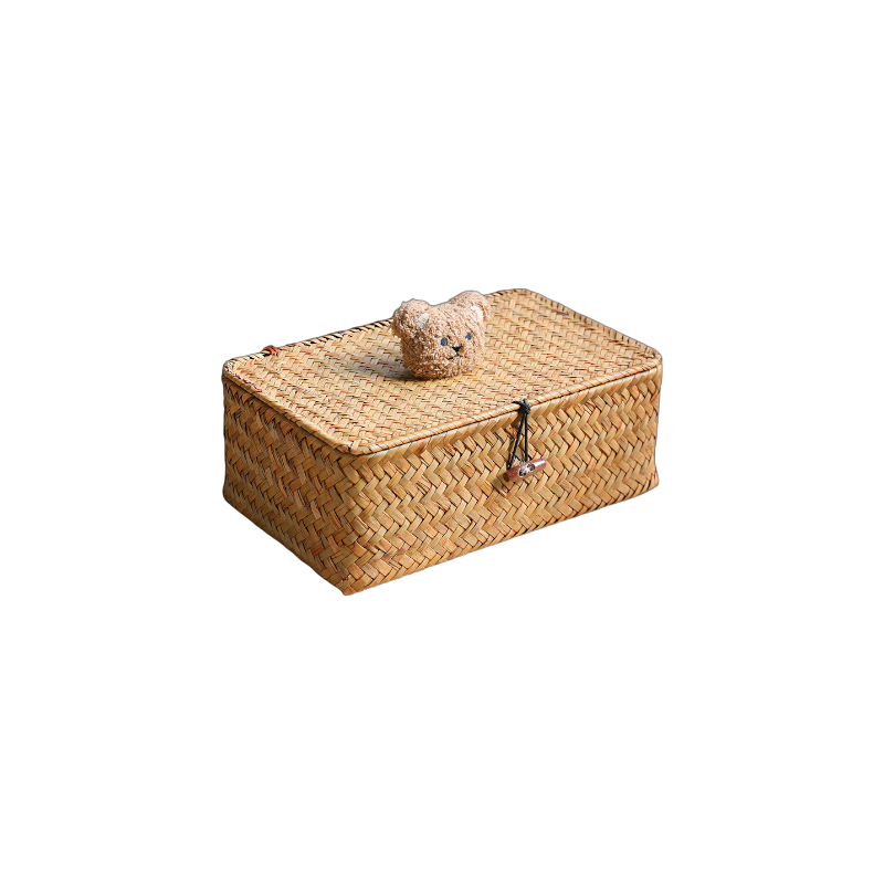 Woven Grass Storage Basket with Bear-Shaped Handle