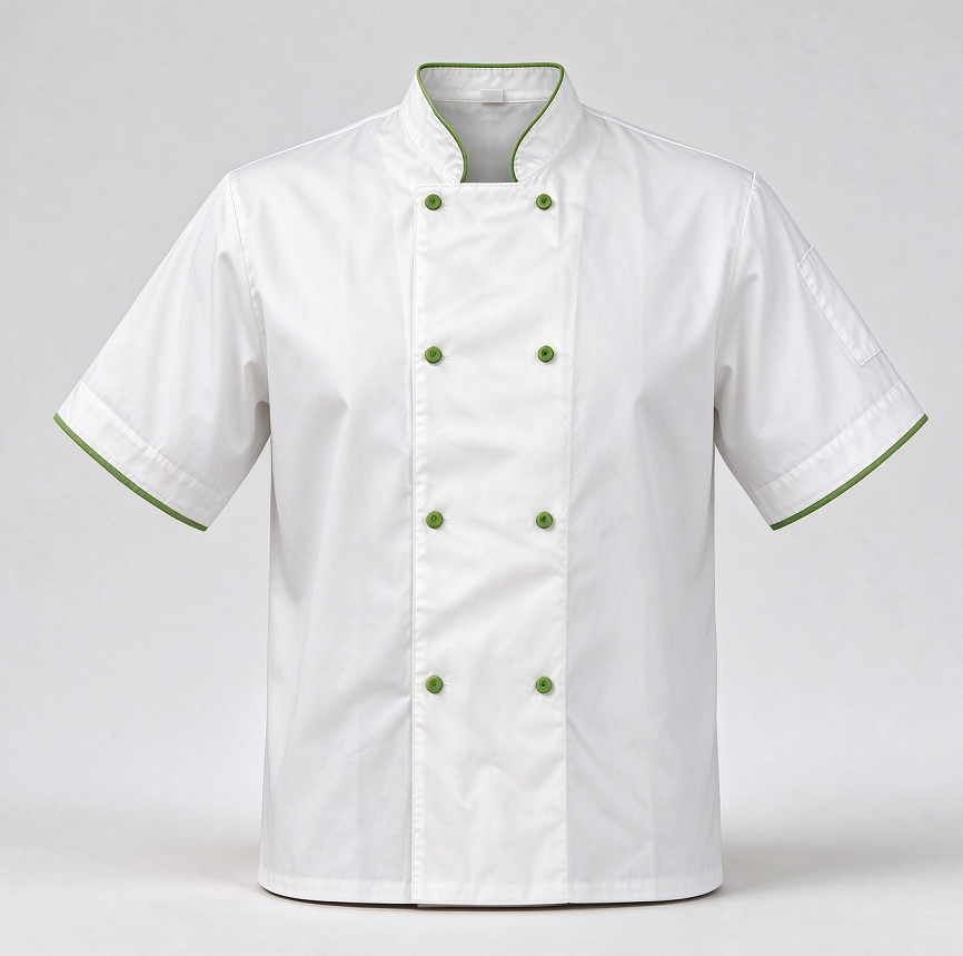 Short-sleeved chef's jacket with green buttons and white piping.