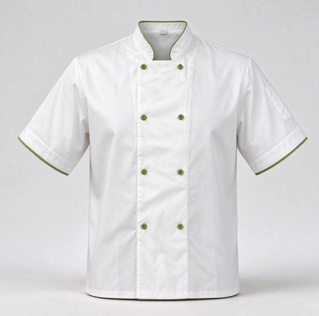 Short-sleeved chef's jacket with green buttons and white piping.