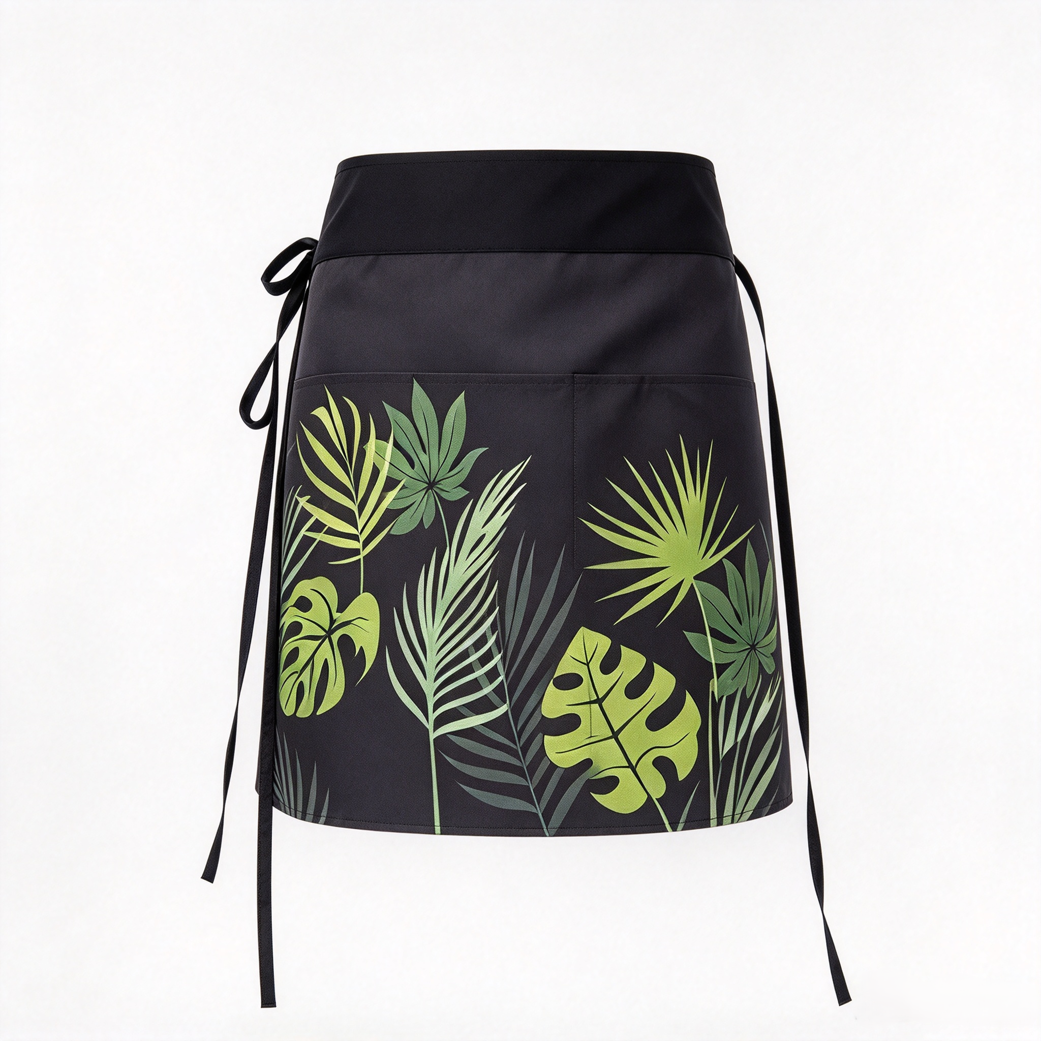 A half-length apron with 3-pocket leaf-printed polyester fiber straps