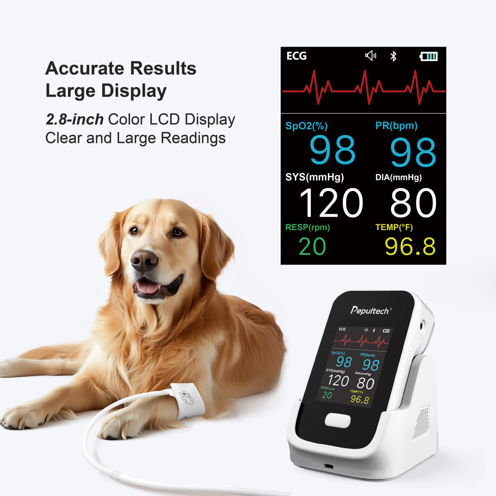 Pepultech 6 Parameters Veterinary Vital Signs Monitor for pet,Bluetooth Veterinary Pulse Oximeter for Dogs cats， Rechargeable Blood Pressure Monitor for Pets,Oxygen Spo2 Monitoring Tools for Family Clinic Use