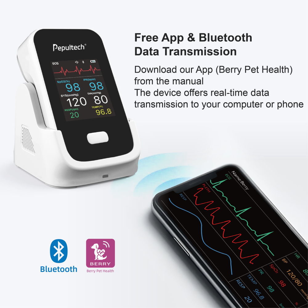 Pepultech 6 Parameters Veterinary Vital Signs Monitor for pet,Bluetooth Veterinary Pulse Oximeter for Dogs cats， Rechargeable Blood Pressure Monitor for Pets,Oxygen Spo2 Monitoring Tools for Family Clinic Use