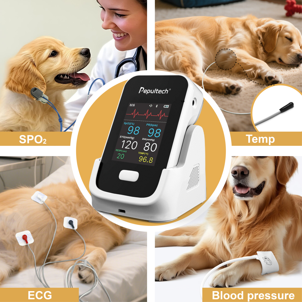 Pepultech 6 Parameters Veterinary Vital Signs Monitor for pet,Bluetooth Veterinary Pulse Oximeter for Dogs cats， Rechargeable Blood Pressure Monitor for Pets,Oxygen Spo2 Monitoring Tools for Family Clinic Use