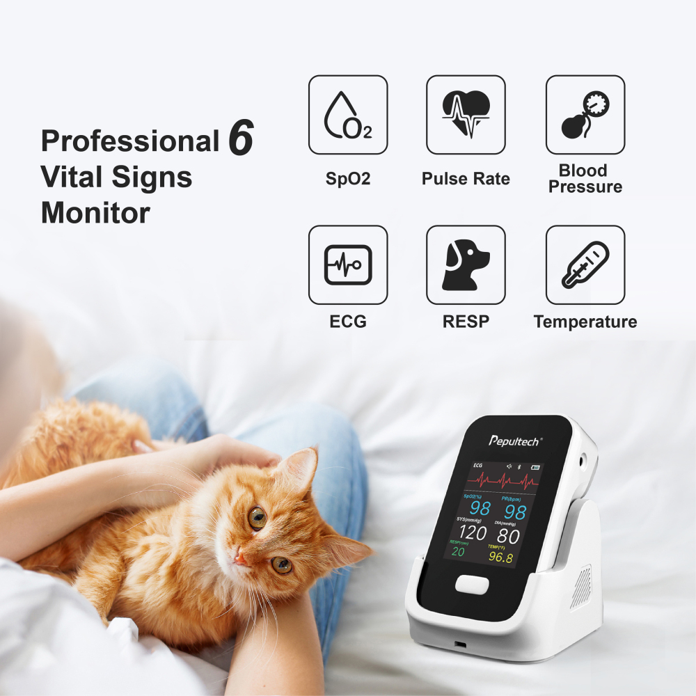 Pepultech 6 Parameters Veterinary Vital Signs Monitor for pet,Bluetooth Veterinary Pulse Oximeter for Dogs cats， Rechargeable Blood Pressure Monitor for Pets,Oxygen Spo2 Monitoring Tools for Family Clinic Use