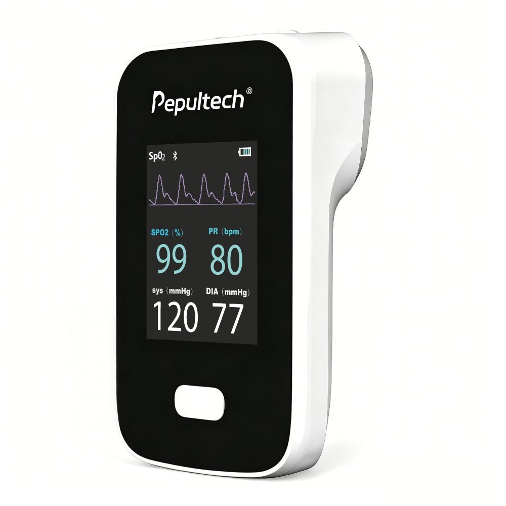 Pepultech portable 3-in-1 veterinary vital signs monitor white background, display SpO2 pulse rate systolic diastolic blood pressure waveform for dog cat health test