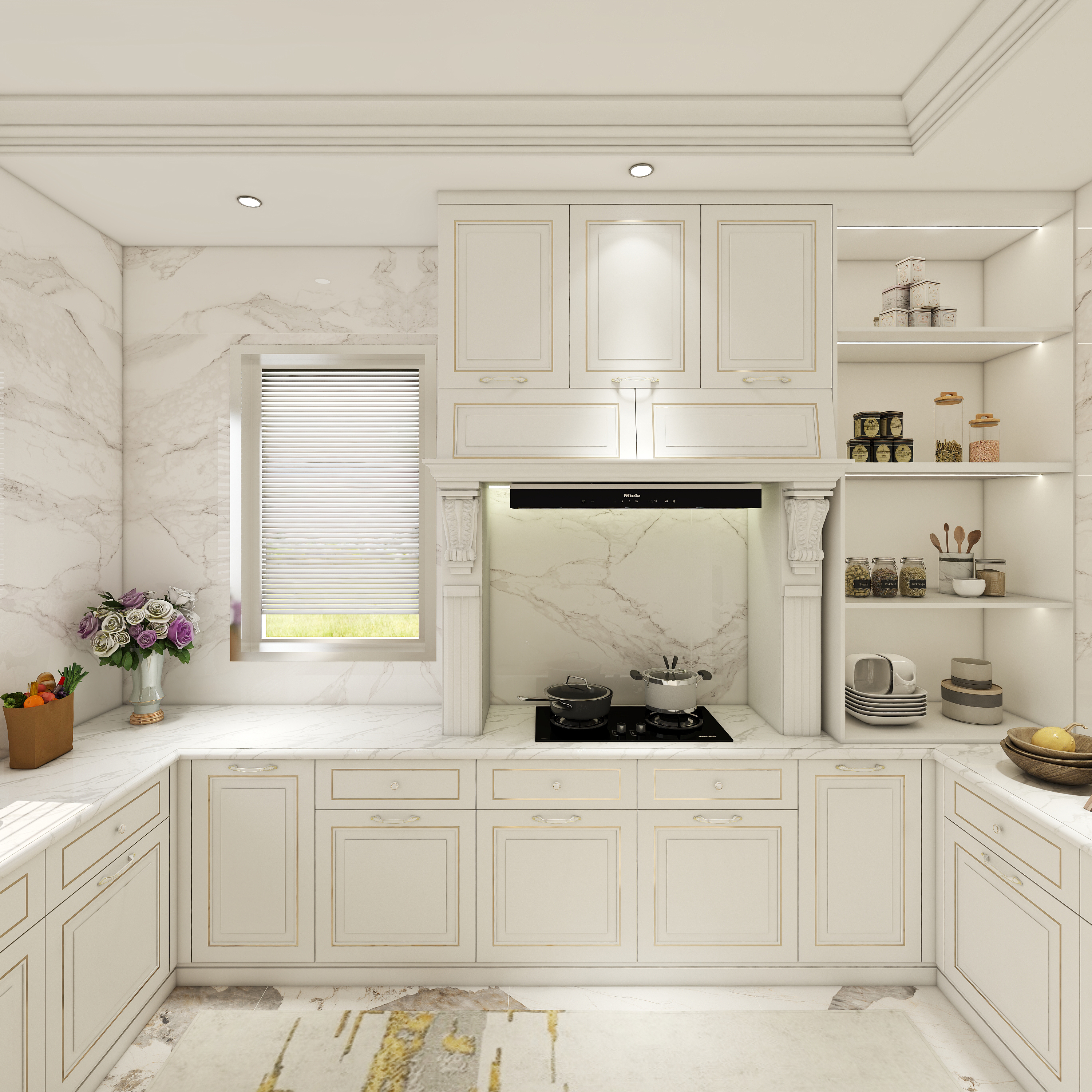 Classic Custom Solid Wood Kitchen Cabinet European Style With Built-in oven U-Shape Cabinet