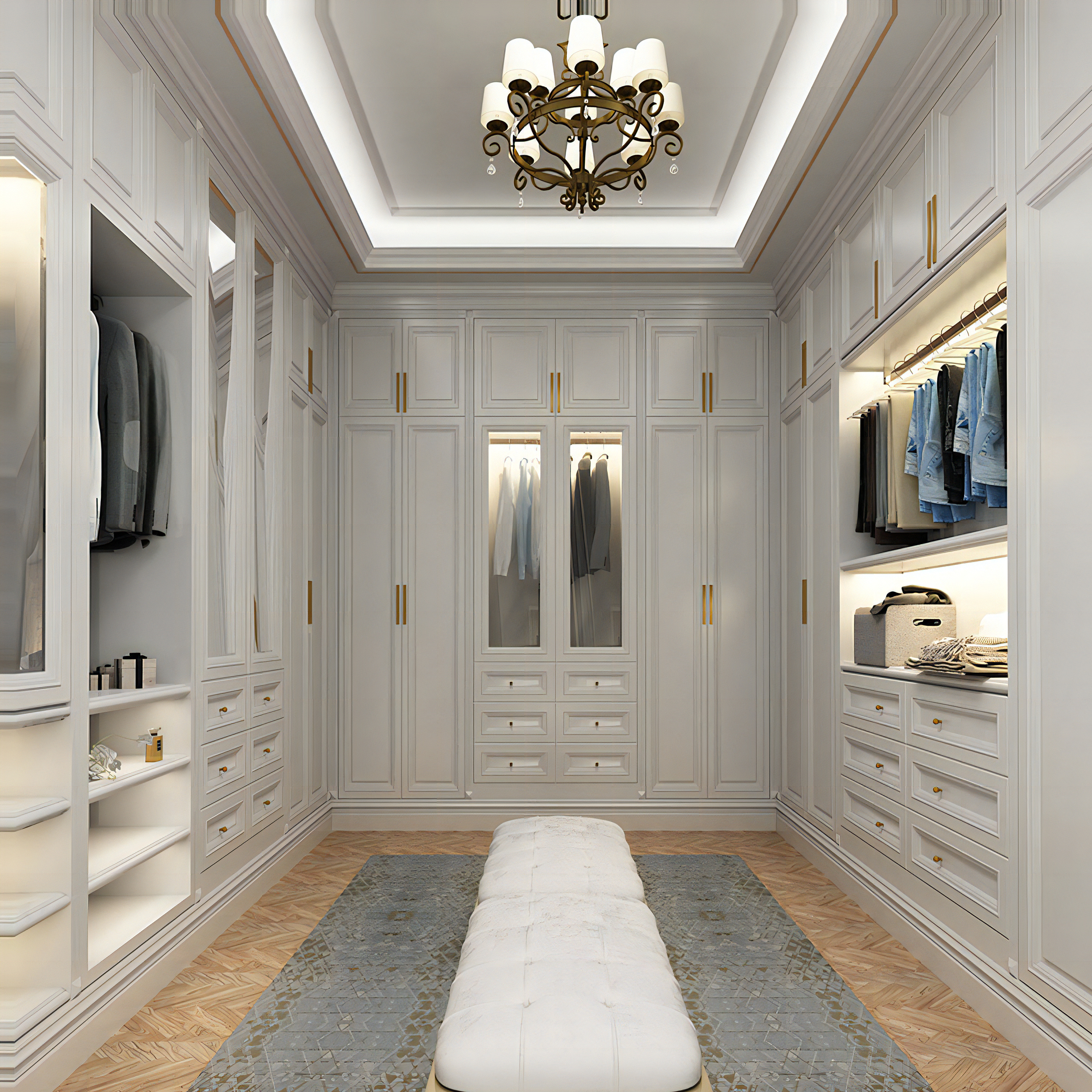 Customized Modern European French High-End Steel Furniture MDF Adjustable Wardrobes Glass Door for Villa Bedroom