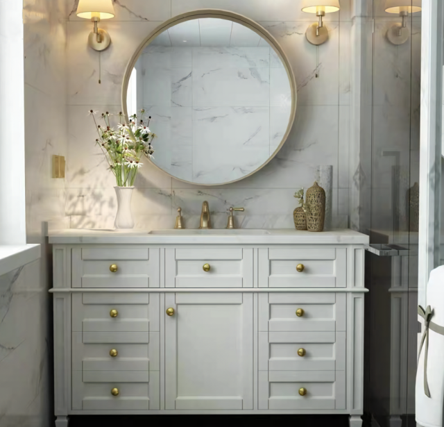 European Style Bathroom Sink and Vanity Units Luxury White Bathroom Cabinet with Mirror Vanity Combo