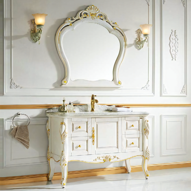 French Style Antique Solid Wood Bathroom Vanity White Painted Bathroom Cabinets