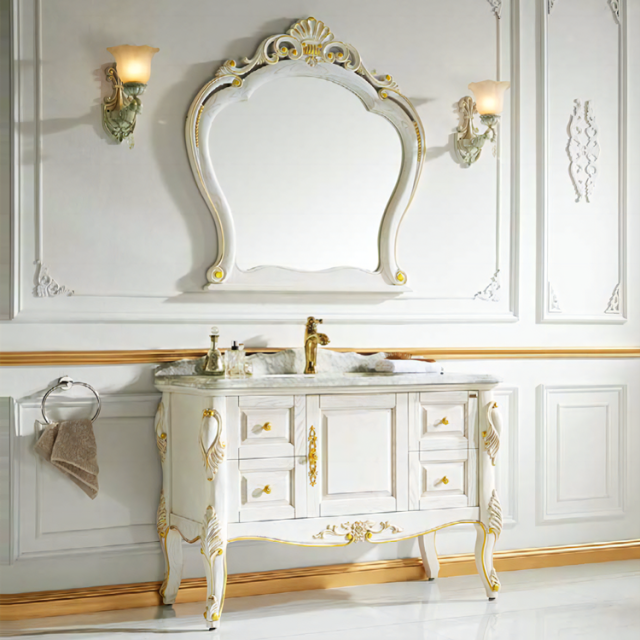 French Style Antique Solid Wood Bathroom Vanity White Painted Bathroom Cabinets