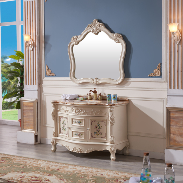 French Style Antique Solid Wood Bathroom Vanity White Painted Bathroom Cabinets