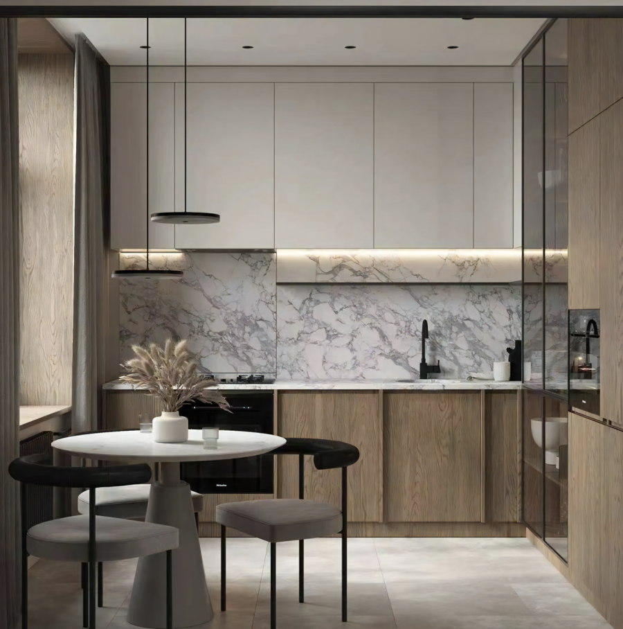 Whole Kitchen Cabinet Plywood Finish Minimalist Design Style Featuring Accessories Such Hinge for Private House Use