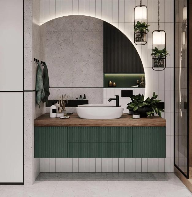 Custom Arc Mirror Solid Wood Bathroom Cabinets Mirror Vanity With White Ceramic Washbasin