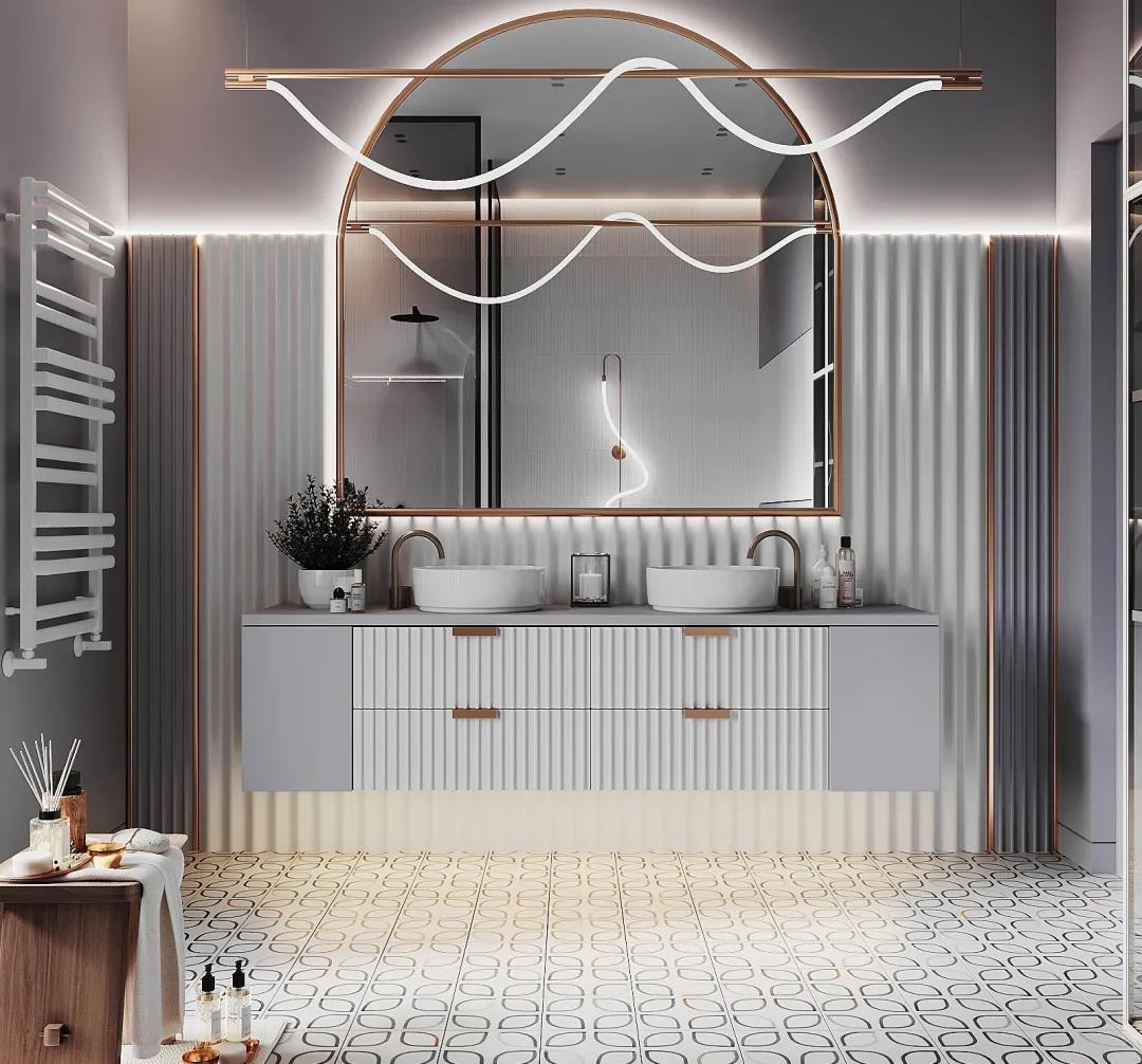 Modern Mdf Floating Bathroom Vanity with Waterproof Arc Mirror With Double Sinks for Sale