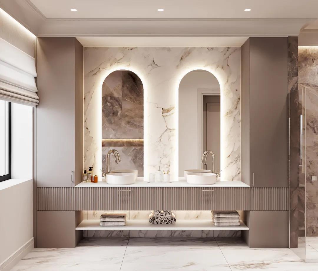 Wholesale Factory Price Free Standing Different Size Rock Plate Basin Bathroom Vanity Set with Double Sink Arc Mirron