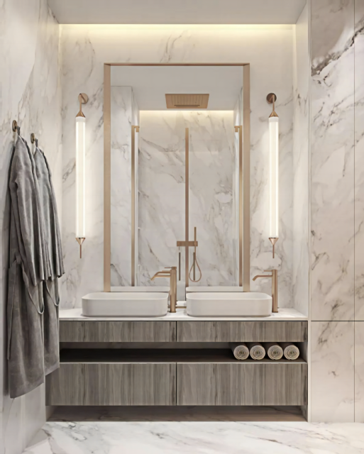 High-Temperature Rock Slab Integrated Double Sink Ceramic Basin Washbasin with Storage Layer Stone Bathroom Cabinet for Hotels