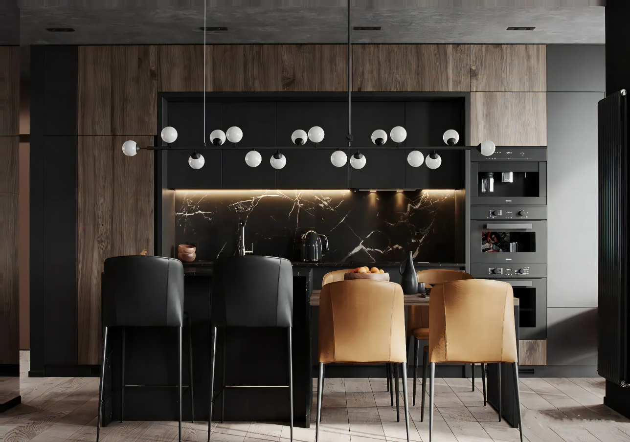 Luxury Apartment Kitchen Cabinets Modern Wood Wall-Mounted Kitchen Cupboards Black Kitchen Cabinets and Custom Island
