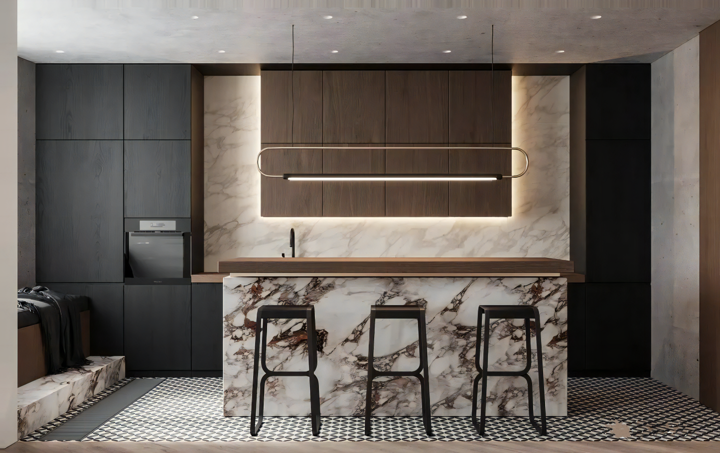 Luxury Apartment Kitchen Cabinets Modern Wood Wall-Mounted Kitchen Cupboards Black Kitchen Cabinets and Custom Island