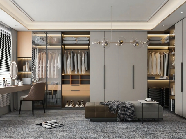 2026 Hot Selling L Shape Customized Bedroom Glass Wood Closet With Dressing Table