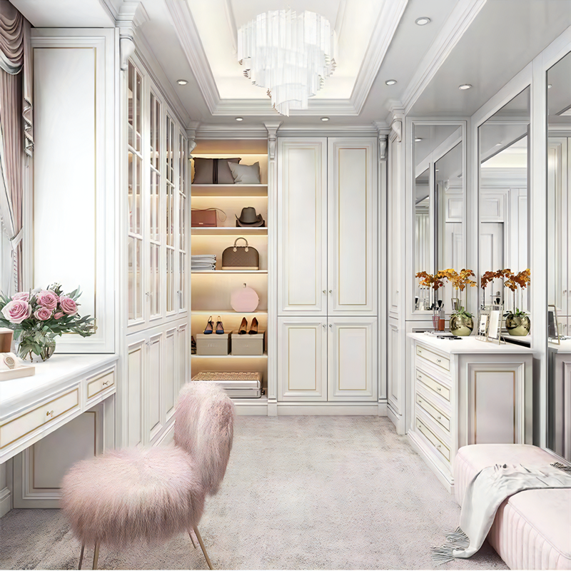 Solid Wood Bedroom Wardrobe Modern French Style Walk-in Closet for Home Villa Use