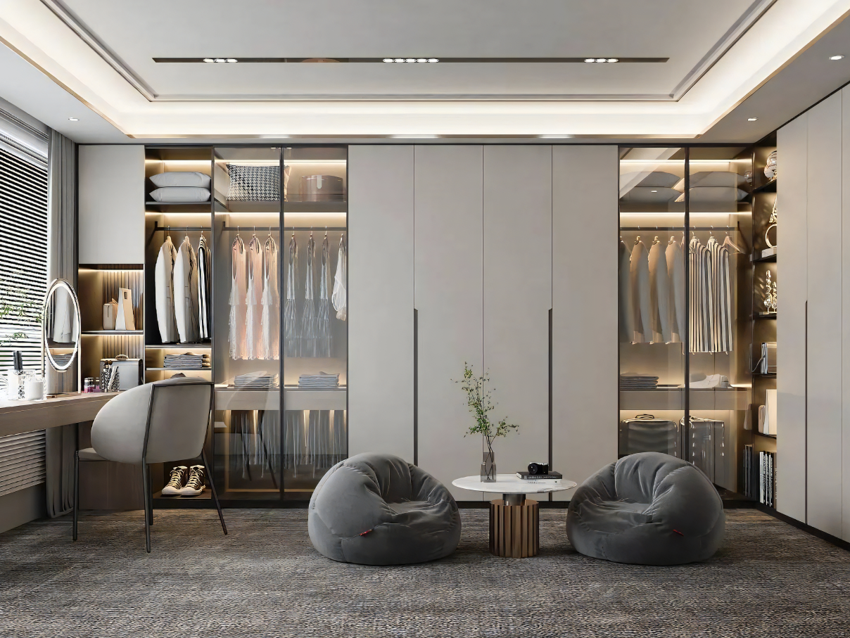 2026 Hot Selling L Shape Customized Bedroom Glass Wood Closet With Dressing Table