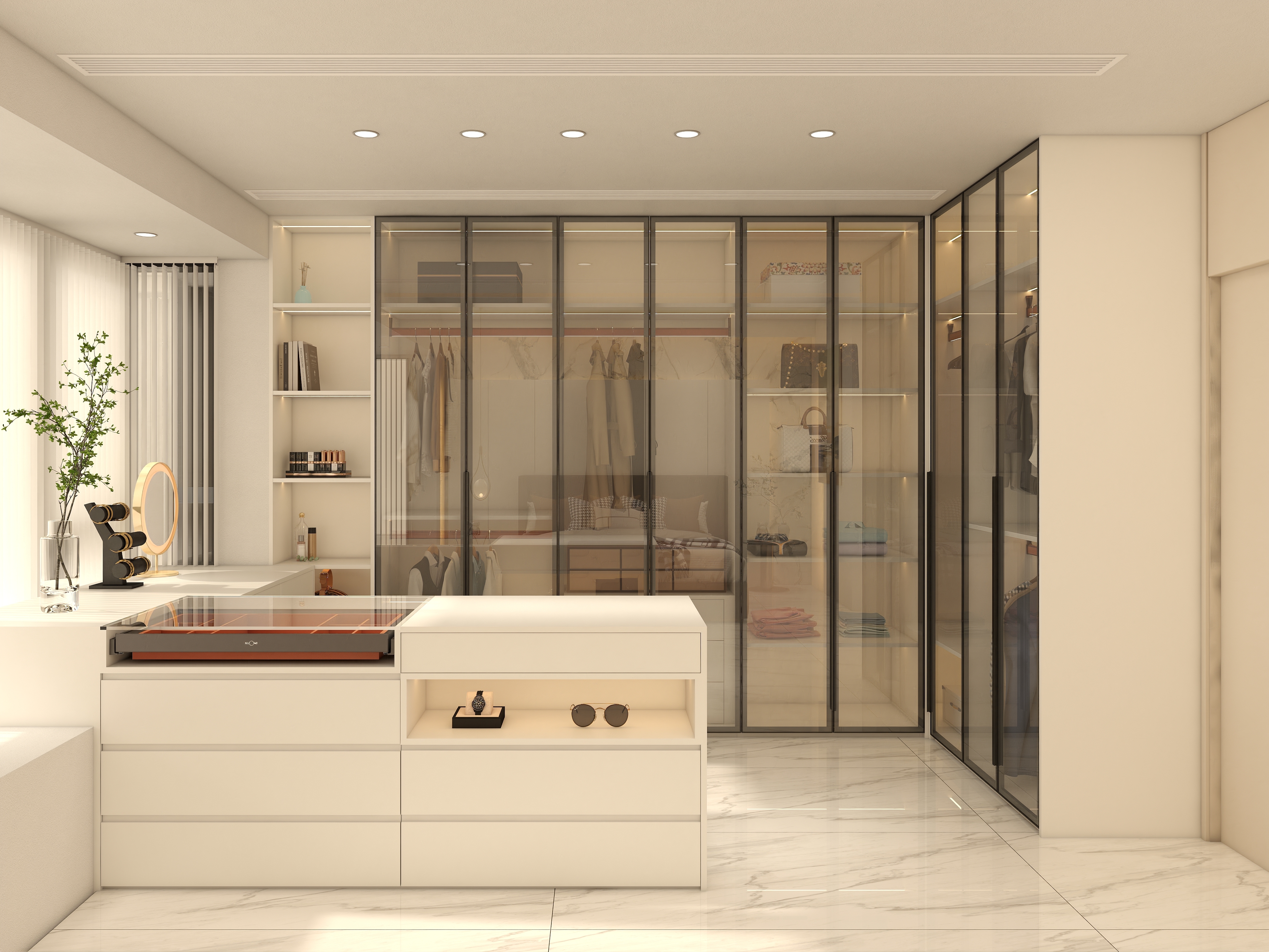 Customized Modern Minimalist Furniture Sliding Door Storage Glass Solid Wood Bedroom Wardrobe with Jewelry Cabinet
