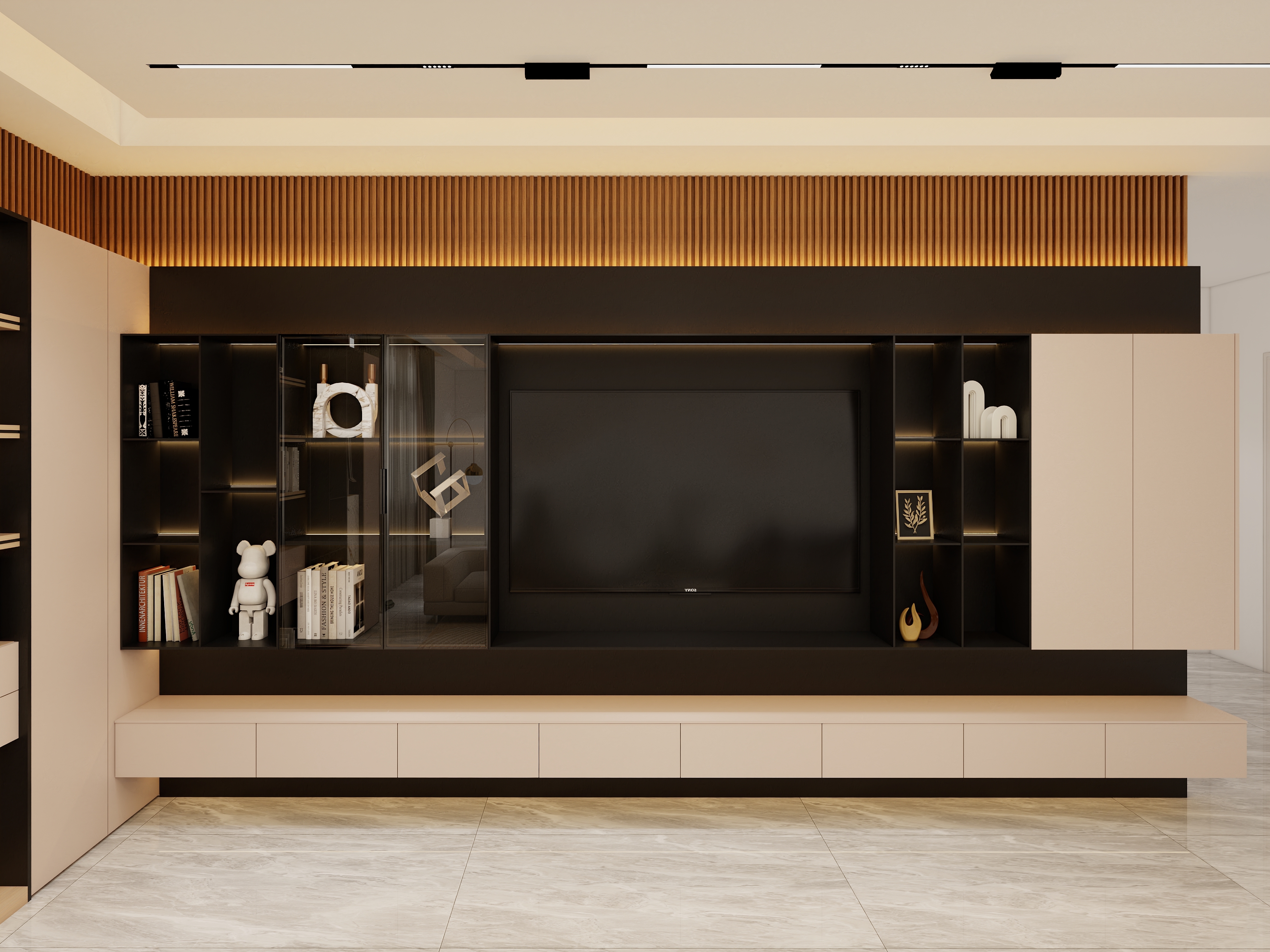 Customized Wooden Wardrobe With Aluminum Frame Modern Luxury Glass Door TV Cabinet