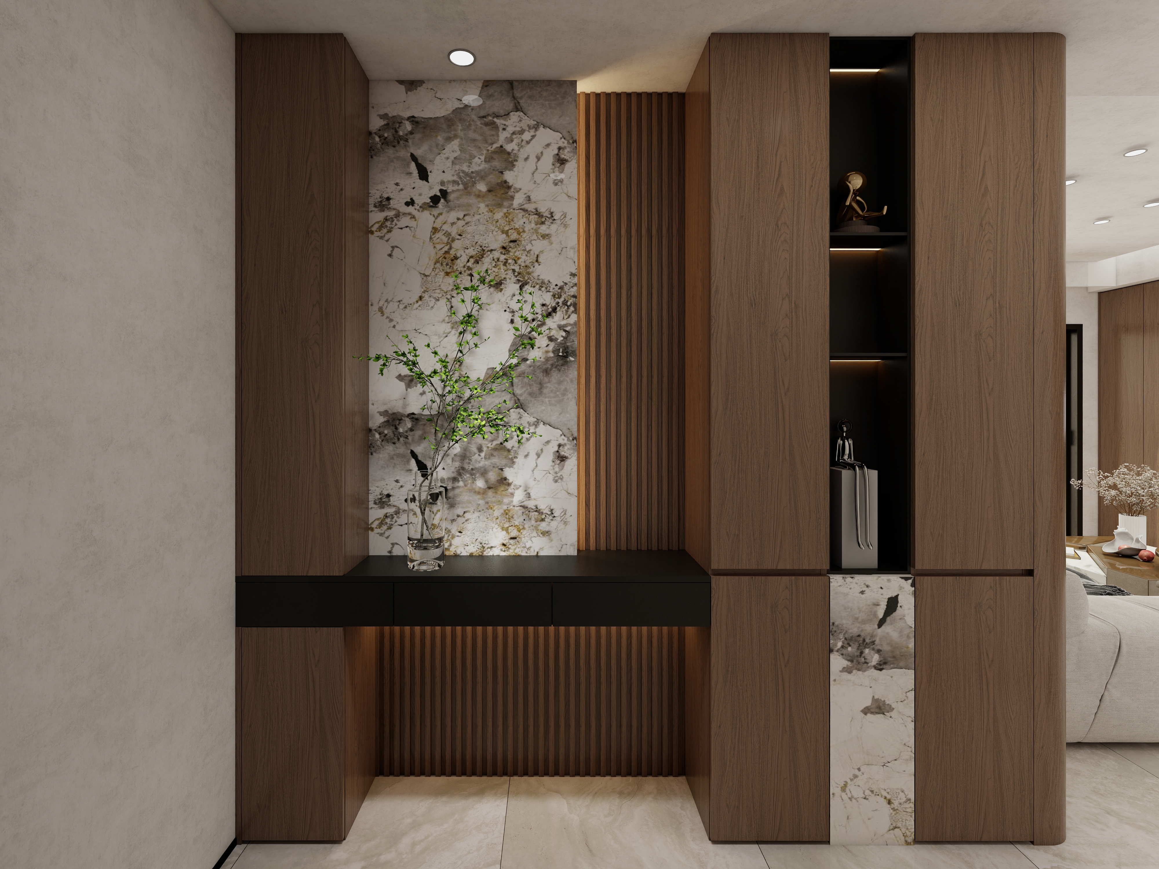 Luxury Home Customized Plywood Hallway Cabinet With Rock Board Background Wall