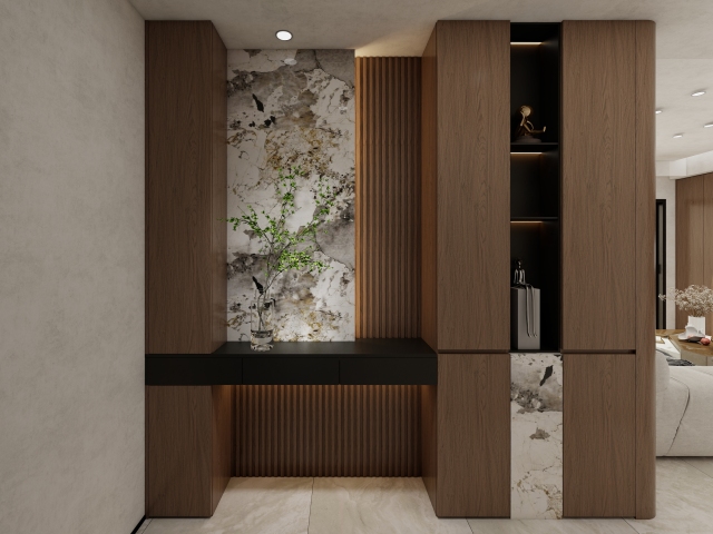 Luxury Home Customized Plywood Hallway Cabinet With Rock Board Background Wall