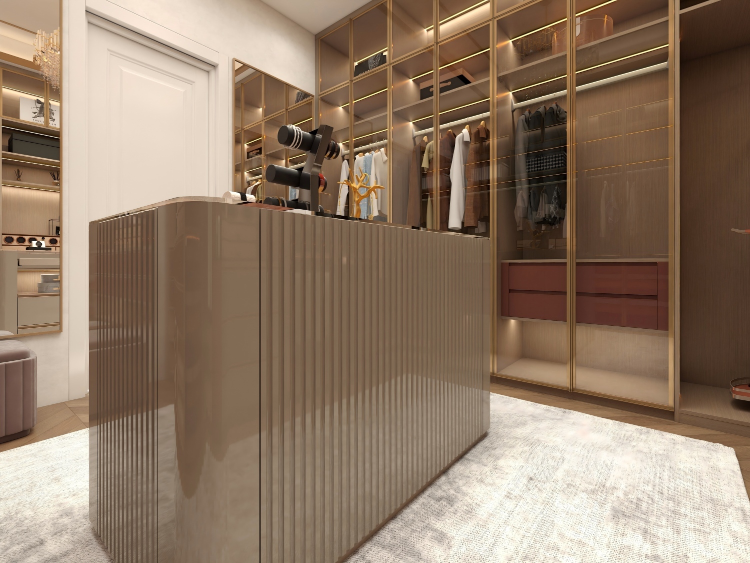 U Shaped Storage Wardrobe Design Luxury Walk in Wooden Closet Cabinets Cloakroom With Glass Design Wardrobes
