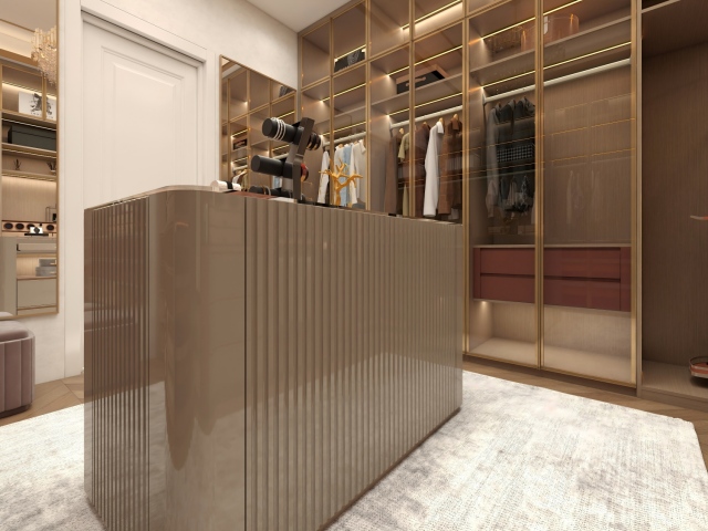 U Shaped Storage Wardrobe Design Luxury Walk in Wooden Closet Cabinets Cloakroom With Glass Design Wardrobes