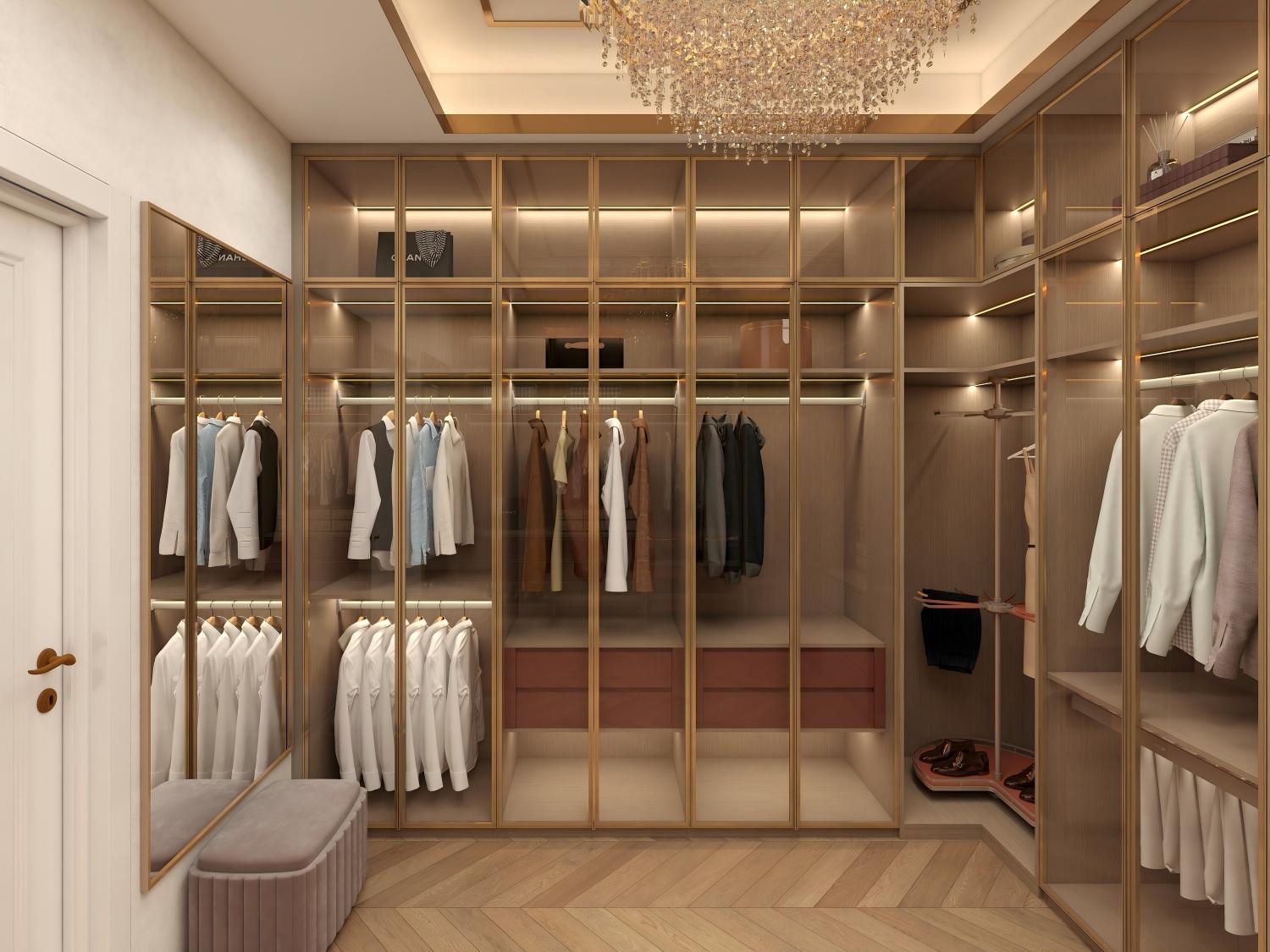 U Shaped Storage Wardrobe Design Luxury Walk in Wooden Closet Cabinets Cloakroom With Glass Design Wardrobes