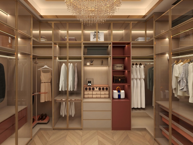 U Shaped Storage Wardrobe Design Luxury Walk in Wooden Closet Cabinets Cloakroom With Glass Design Wardrobes