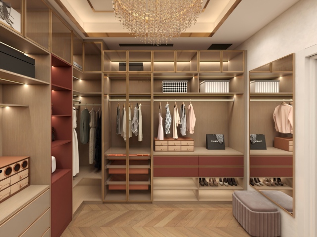 U Shaped Storage Wardrobe Design Luxury Walk in Wooden Closet Cabinets Cloakroom With Glass Design Wardrobes