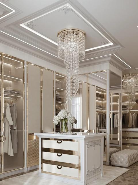 High End Customized Modern Style Walk-in Solid Wood Wardrobe with Lighting Design