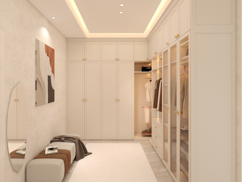 L Shape Plywood Wardrobe Furniture White Color Wooden Wardrobe Cabinet Closet For Private House