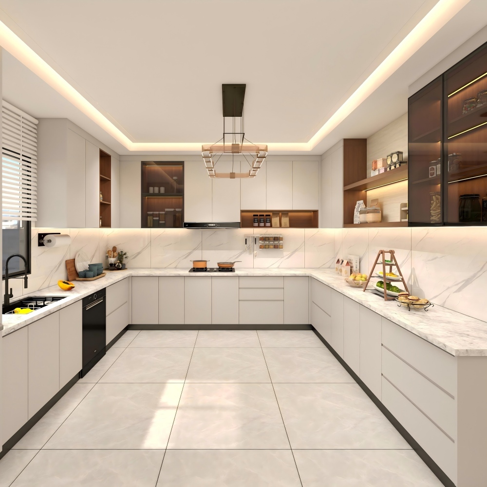Modern Solid Wood and Melamine Kitchen Cabinets with Island, Economical Luxury Design Furniture Sets from China