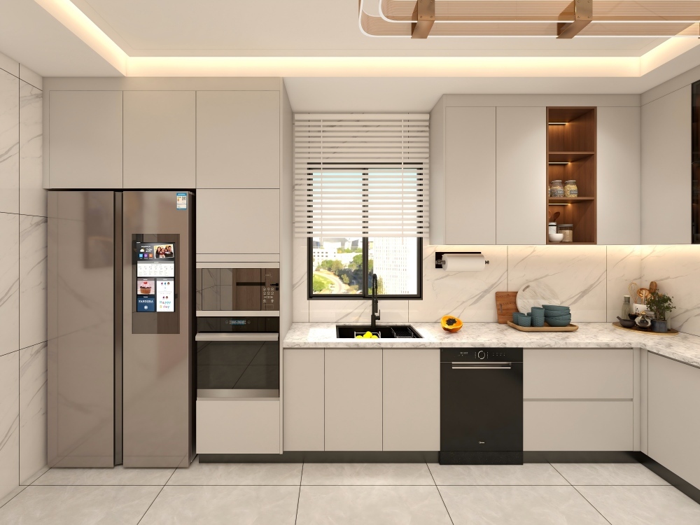 Modern Solid Wood and Melamine Kitchen Cabinets with Island, Economical Luxury Design Furniture Sets from China
