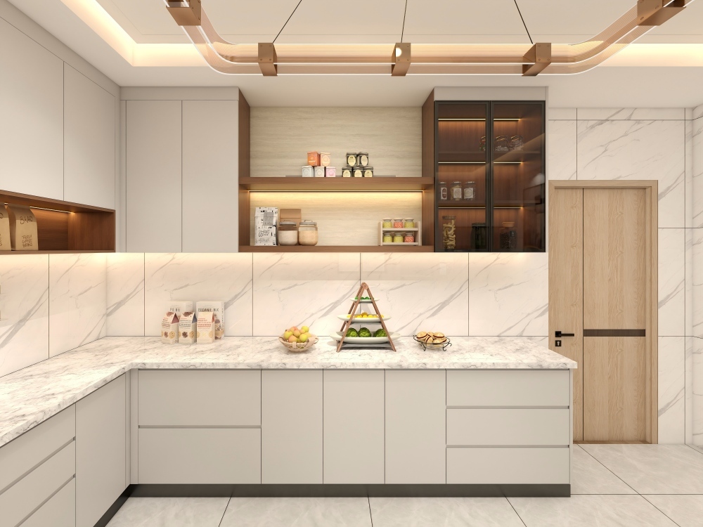 Modern Solid Wood and Melamine Kitchen Cabinets with Island, Economical Luxury Design Furniture Sets from China