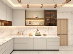Modern Solid Wood and Melamine Kitchen Cabinets with Island, Economical Luxury Design Furniture Sets from China