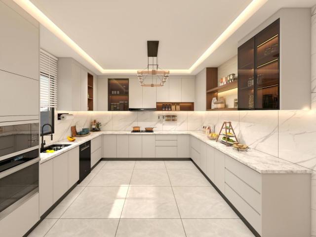 Modern Solid Wood and Melamine Kitchen Cabinets with Island, Economical Luxury Design Furniture Sets from China