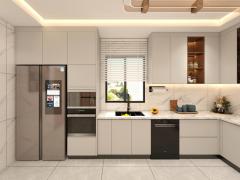 Modern Solid Wood and Melamine Kitchen Cabinets with Island, Economical Luxury Design Furniture Sets from China