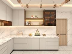Modern Solid Wood and Melamine Kitchen Cabinets with Island, Economical Luxury Design Furniture Sets from China