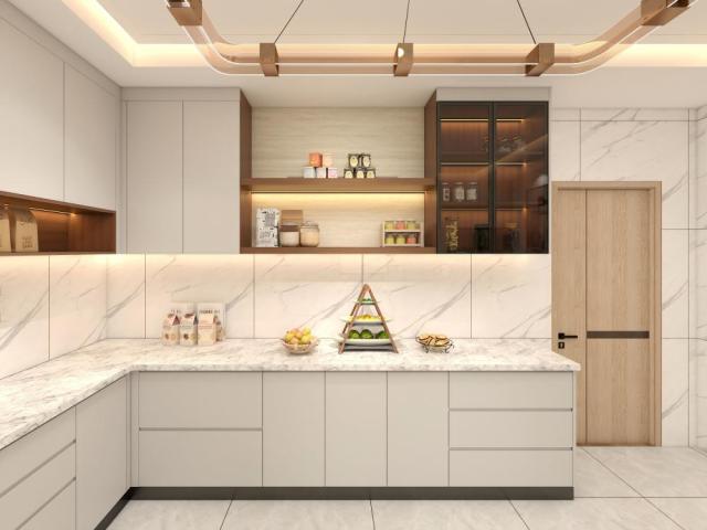 Modern Solid Wood and Melamine Kitchen Cabinets with Island, Economical Luxury Design Furniture Sets from China