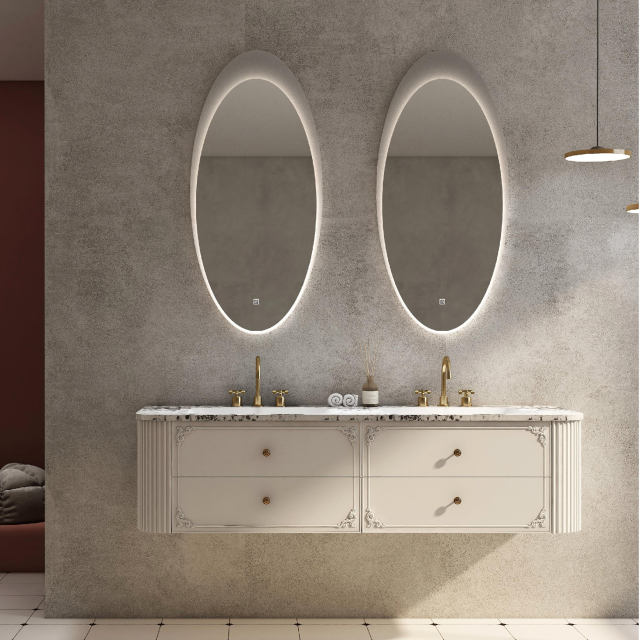 Solid Wood Floating Bathroom Vanity with Marble Countertop and Led Smart Mirror
