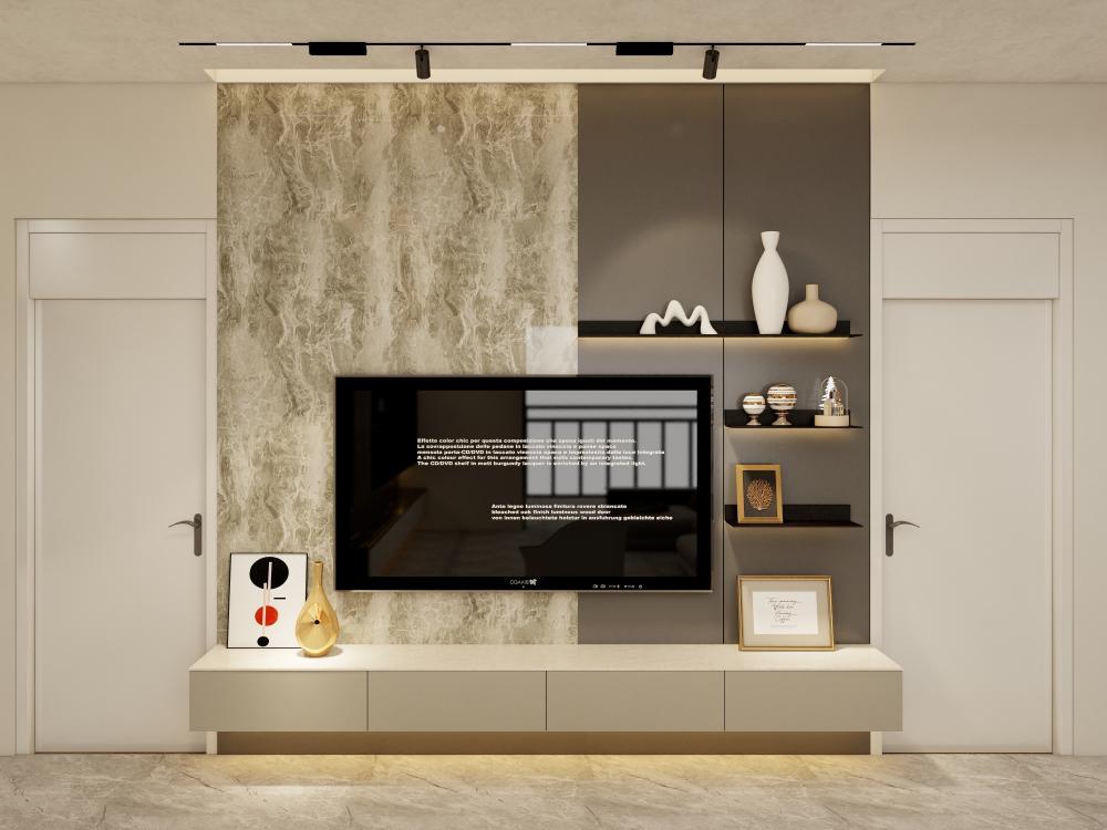 Minimalist Wood Slat TV Wall Cabinet Marble-effect TV Background Wall for Modern Living Rooms