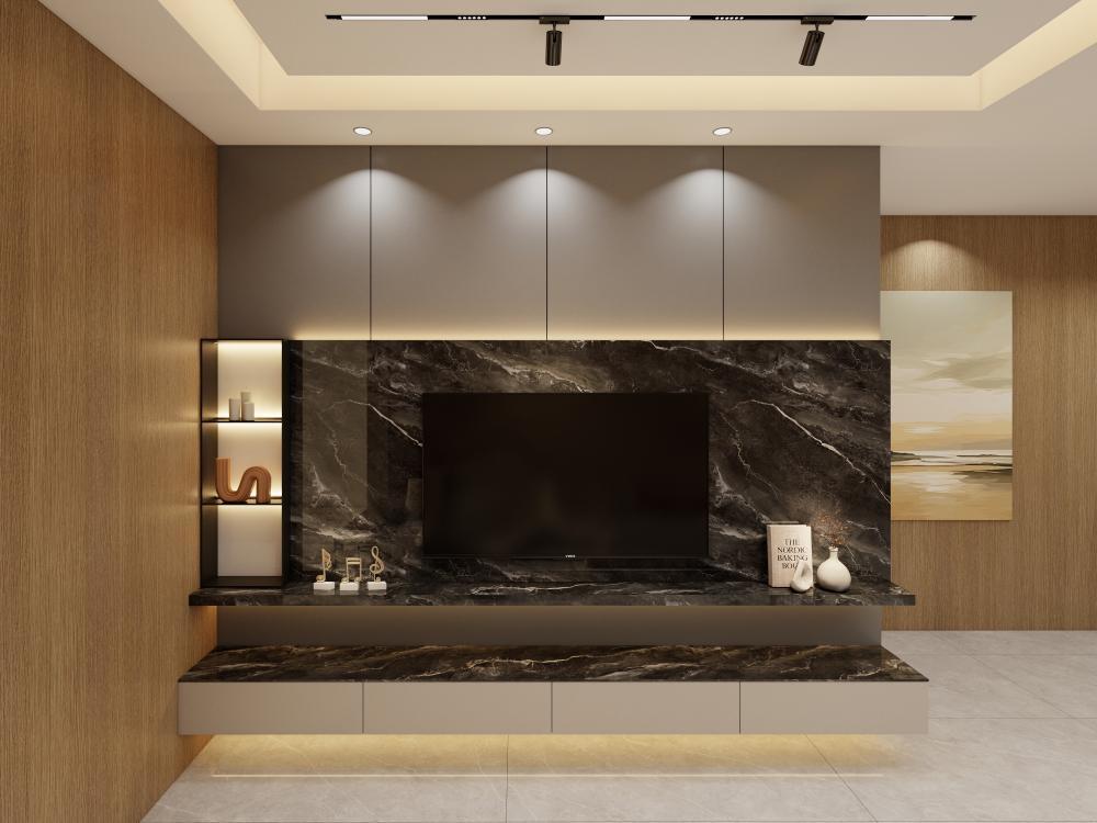 Minimalist Wood Slat TV Wall Cabinet Marble-effect TV Background Wall for Modern Living Rooms
