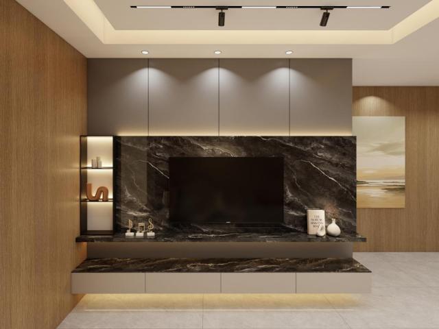 Minimalist Wood Slat TV Wall Cabinet Marble-effect TV Background Wall for Modern Living Rooms